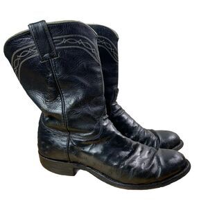 Justin Cowboy Boots Leather Black Full Quill Ostrich Roper Men Size 8.5D Western